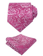 Mens 3.15inches Rose Pattern Necktie with Floral Handkerchief Set Magenta Silver