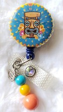 Summer Tiki Themed Multicolor Blue ID Badge Holder Retractable Reel 36" Slide On