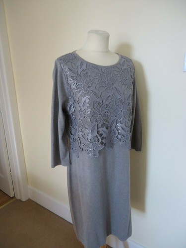 LUISA CERANO GREY/BEIGE KNITTED DRESS WITH LACE DETAIL - SIZE 16 (GERMAN 42) - Picture 3 of 8