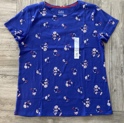 Croft & Barrow Blue Floral Short Sleeve Crew Neck T-Shirt Top The Classic Tee