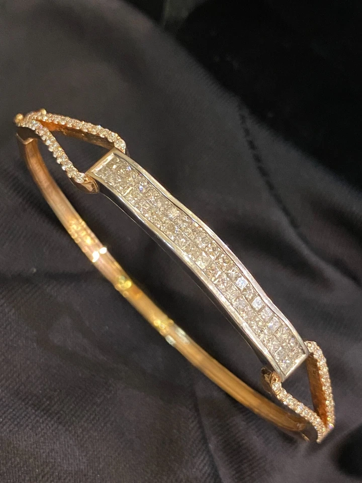 Pave 1.99 Cts Princess Round Shape Diamonds Unisex 8 MM Bangle Bracelet 14K Gold - Image 3 of 4