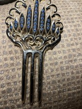 VTG Art Deco Hair Comb Blue Rhinestones Embellished Golden Tortoise Shell Style