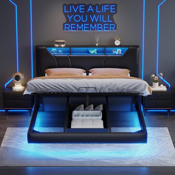 Doppelbett Polsterbett 160X200 Cm Mit Led Usb Schwebebett Stauraumbett Kopfteil-image