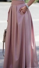 Women High Waist Pleated Skirt Loose Casual Solid Color Full Length Skirt-small