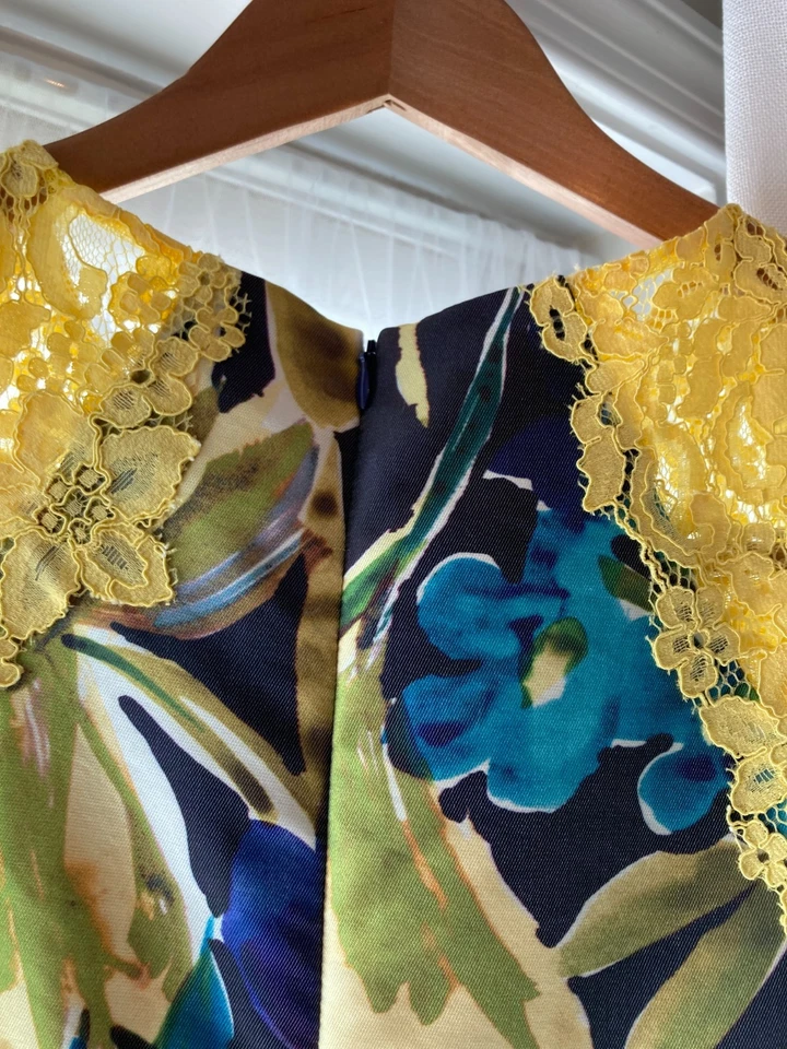 Rickie Freeman Teri Jon 真丝连衣裙 6 热带花卉蕾丝袖派对鸡尾酒 — 第 2/4 张图片