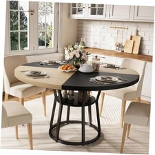  47 in Inch Round Dining Table for 4, Farmhouse Dining Room Black & Wood-r