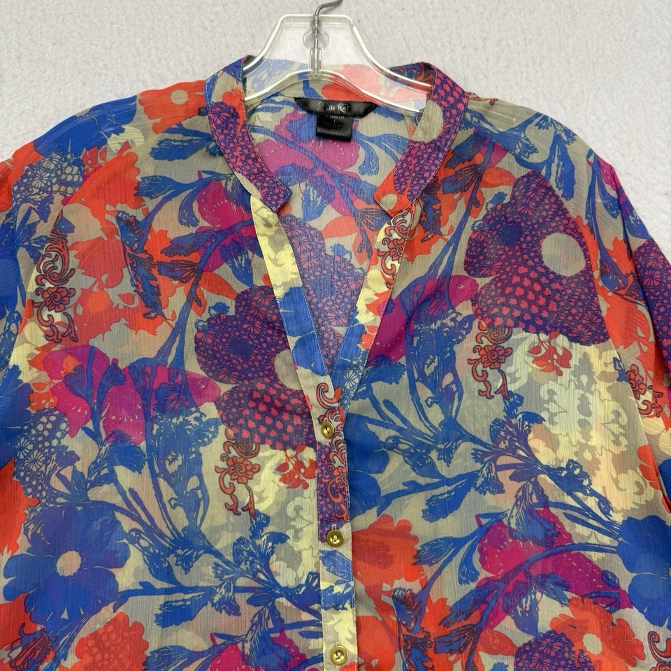 Camisa Wrangler Rock 47 Mujer Grande L Azul Naranja Púrpura Floral Transparente Boho Foto 3 de 4