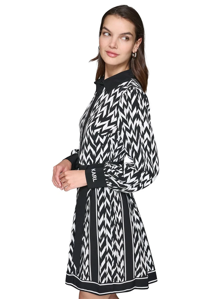 Vestido Chevron Herringbone de manga comprida novo com etiquetas $149 Karl Lagerfeld cintura amarrada 14 L - Imagem 3 de 4