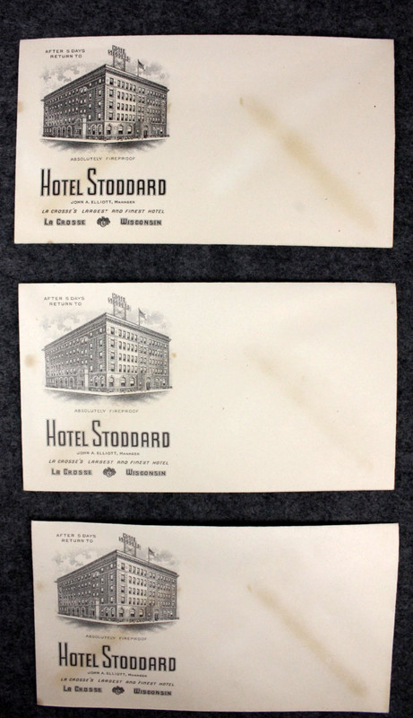 3 Vintage - Hotel Stoddard Envelopes. La Crosse, Wisconsin.
