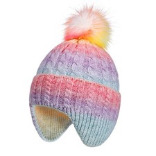 Girls Rainbow Beanie with Earflap,Kids Warm 3-8 Years, Pompom - Multicolor