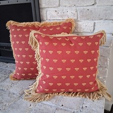 Set Of 2 Maroon Gold Bee Motif Decorative Pillows Tassel Fringe Traditional