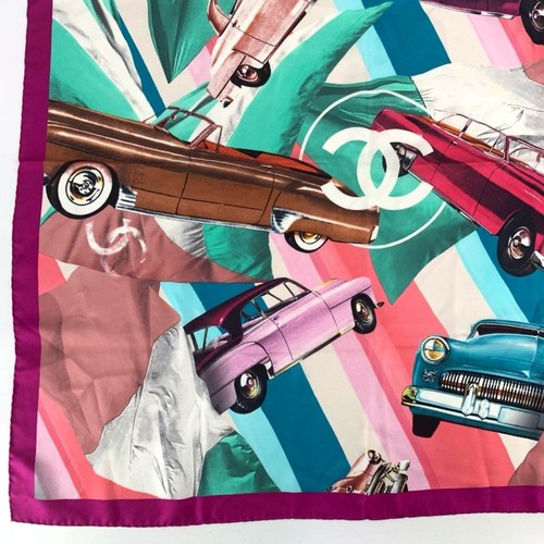 CHANEL Multicolor Cotton Bandana Scarf Classic Car Coco Mark 17C CC Mark used - Picture 3 of 7