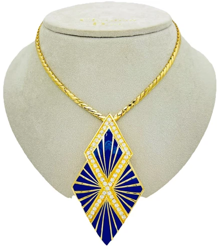 Collana lunga placcata oro come nuova vintage anni 80 DIOR cristallo smalto blu circa 82 cm.