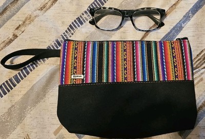 Peruvian Handmade Women's Wool Trim and Black Suede Pouch Cosmetic Bag - New
