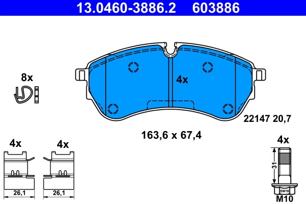 Plaquettes de frein ATE 13.0460-3886.2 pour remplacement de l'essieu OE 2N0 698 1
