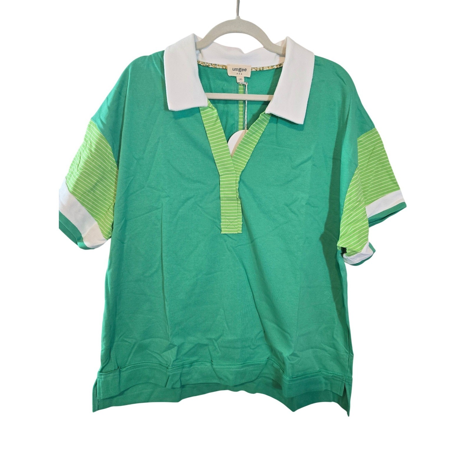 Umgee USA Green Striped Collar Polo Shirt Top Womens size 1XL New