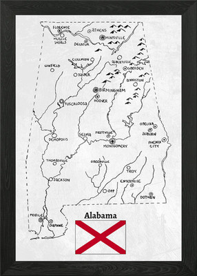 Hand Drawn Map of Alabama Framed Wall Art Poster Canvas Print Picture