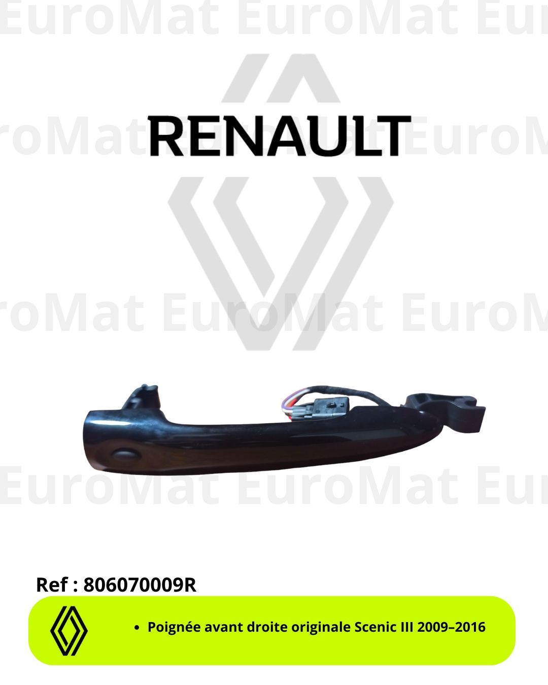 Poignée extérieure avant droite Scenic 3 noire mécanisme de rechange Réf 806070009R