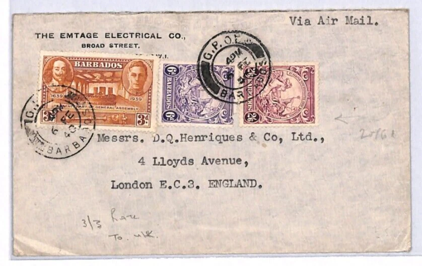 Cubierta de correo aéreo Barbados Segunda Guerra Mundial 2s/6d alto valor 3s/3d tarifa 1940 Londres YX39 Foto 2 de 4