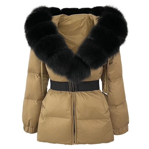 Winterjacke Damen echt Fuchspelz Kapuze dick warm weiß Entendaunenmantel - Bild 14 von 35