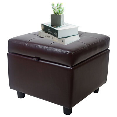 Tufted Leather Square Flip Top Storage Ottoman Cube Foot Rest Brown with Storage