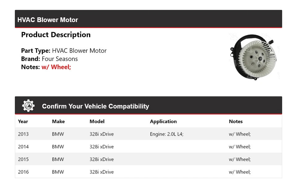 For 2013-2016 BMW 328i xDrive HVAC Blower Motor 4 Seasons 2014 2015 - Image 2 of 4