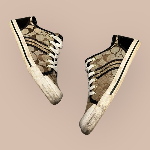 Coach Women’s “FOLLY” Signature Canvas Sneakers, Khaki/Chestnut, Size 7 Monogram