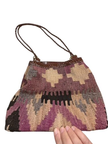 Vintage Turkish Wool Tapestry Kilim Brown Woven Leather Shoulder Purse Bag