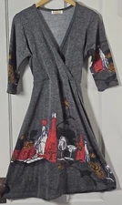 Smashed Lemon Sweater Dress Women's Size S Gray Red Wrap Belt Cocktail Bartender