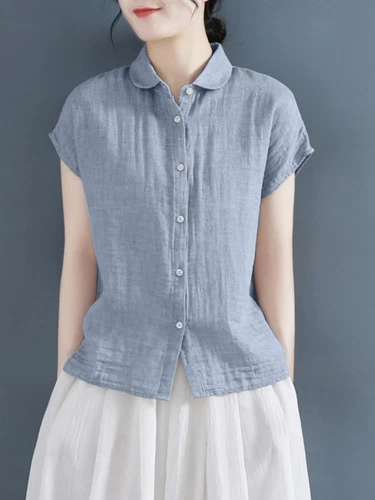 Camisa Manga Corta Mujer Verano 100% Algodón Lino Camisa, Top Lino Abotonable - Imagen 4 de 26