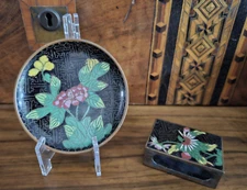 Antique Cloisonné Enamel Black w/Floral Design Match Box Holder & Trinket Dish