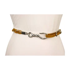 Women Skinny Brown Braided Waistband Narrow Belt Silver Metal Hook Buckle Size M