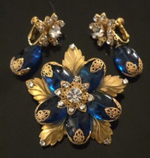 Vintage Miriam Haskell Large Blue Oval Glass Brilliant RS Brooch & Earrings Set