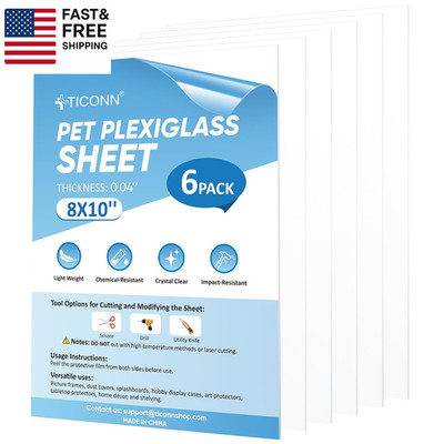 6PK 8'' X 10'' PET Plexiglass Sheets, Clear Plastic Sheet, Easy to Cut Thin Flexib
