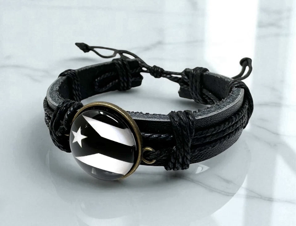 Puerto Rico Flag Bracelet Black Leather Adjustable Unisex PR Gift Jewelry - Image 3 of 4