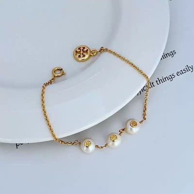 New Tory Gold Plated 3 Pearl Logo Bracelet Gold OS with Jewelry Pouch Size: 19cm
