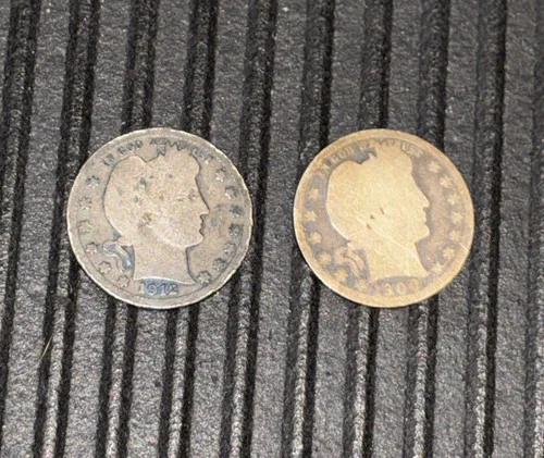1912 & 1900 Barber Quarter - U.S. 25 cents silver coin Worn Scrap 90% Silver.