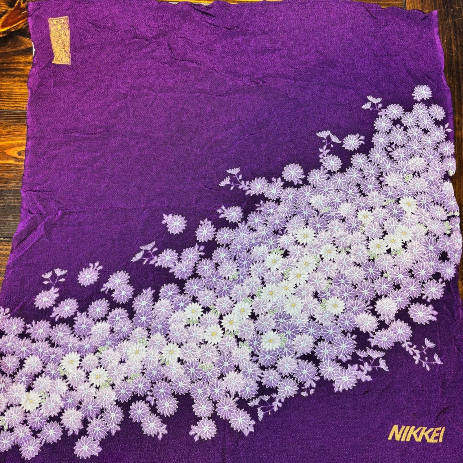 Vintage Nikkei Purple Silk Scarf Chrysanthemum Floral Print Japan 100% Silk