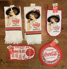 VTG Coca Cola Set Cannon Kitchen Towels Oven Mitts Pot Holder Made in USA 1984