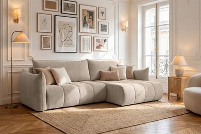 Ecksofa Schlafsofa ONTARIO in Stoff Poso Beige Ottomane Rechts