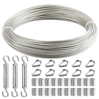 120FT 1/8in Stainless Steel Wire Rope Kit 7x7 Aircraft Cable with Turnbuckles