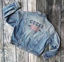 Rare 1993 Vintage Guess Jean Jacket Large Denim Zip Up Stars Patriotic Spell Out