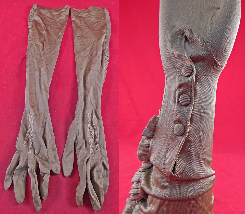 Guantes largos vintage The Kayser eduardian topo seda tejido con volantes hasta el codo Foto 2 de 4