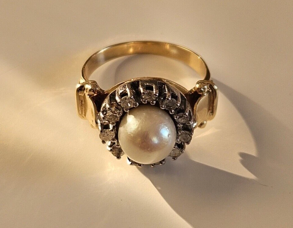 Ring 585 Gold, Ringgröße 54, Gewicht 5,90 g mit Perle und  11 Diamanten - Bild 3 von 4