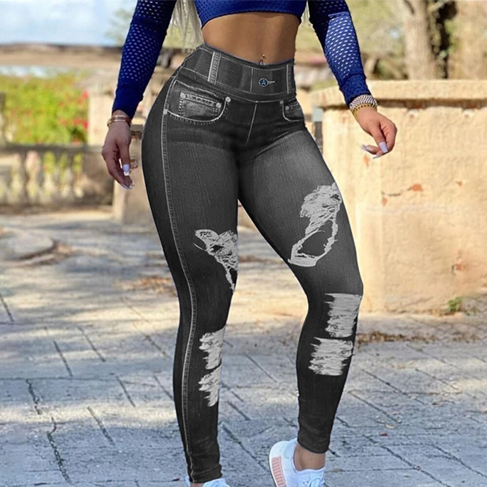 leggings femme extensibles en jean taille haute pantalon crayon mince  couture bl