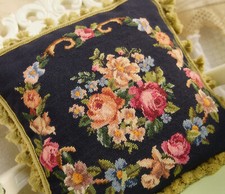 18" Stuning Floral Bouquet In Garland Navy Blue Handmade Needlepoint Pillow
