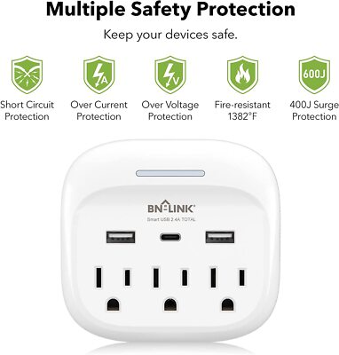 Multi Plug Outlet Extender With USB C, 3 Outlets Surge Protector 600J Wall Plug