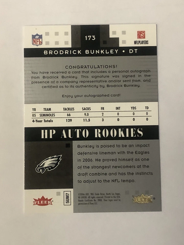 2006 Fleer Hot Prospects HP Rookies /299 Brodrick Bunkley #173 Rookie Auto RC - Image 2 of 2