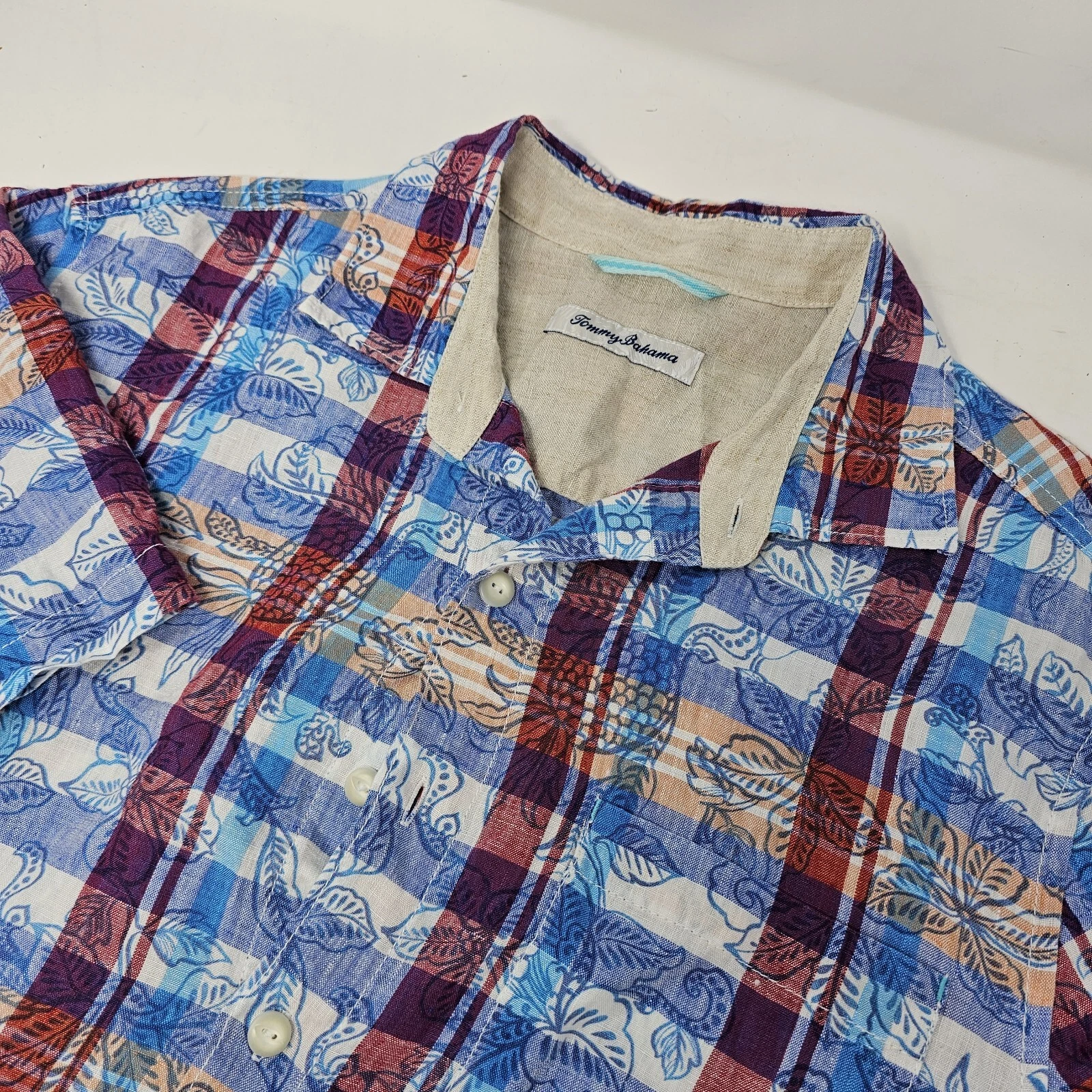 Tommy Bahama Linen Floral Plaid Short Sleeve Button Up Casual Shirt Men's Medium