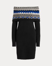 $265 Lauren Ralph Lauren Womens Off Shoulder Fair Isle Sweater Dress, Black, S